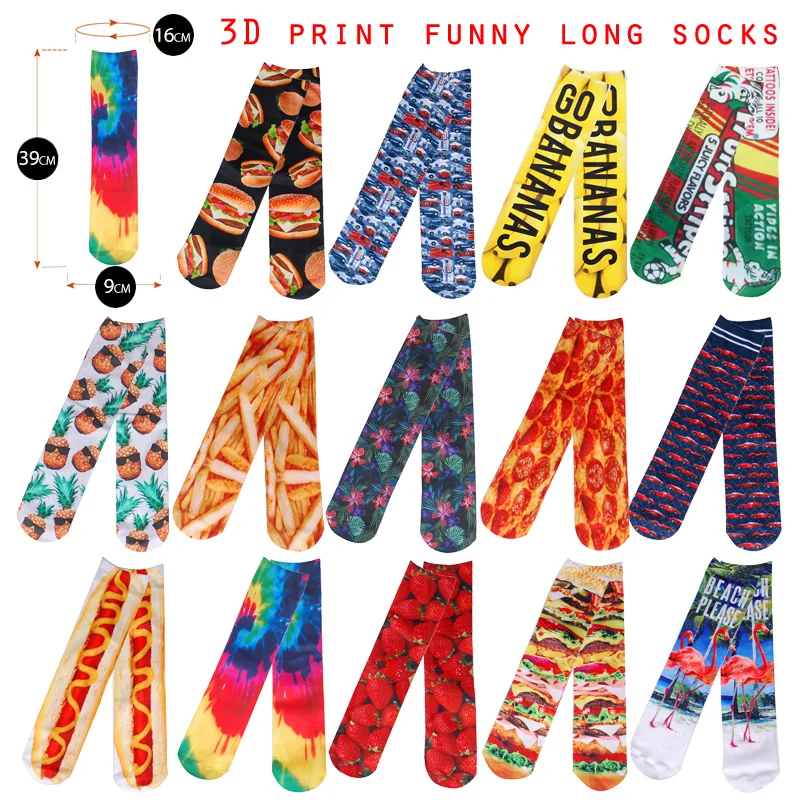 Забавные двухсторонние художественные носки с 3D принтом хот-дог клубника Фламинго гамбургер пицца мода харадзюку длинные женские хлопковые женские носки