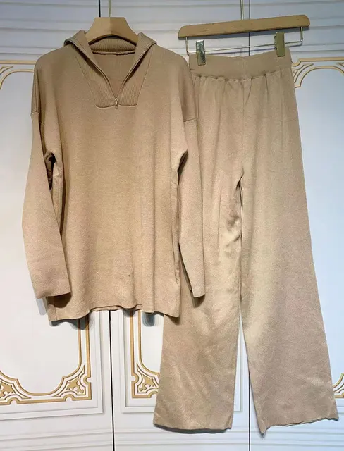 Free Shipping Casual Autumn Loose Knit Sweater Set Fashion Zip Lapel Long Sleeve Pullover Sweater & Straight Pants Two-piece Set Khaki