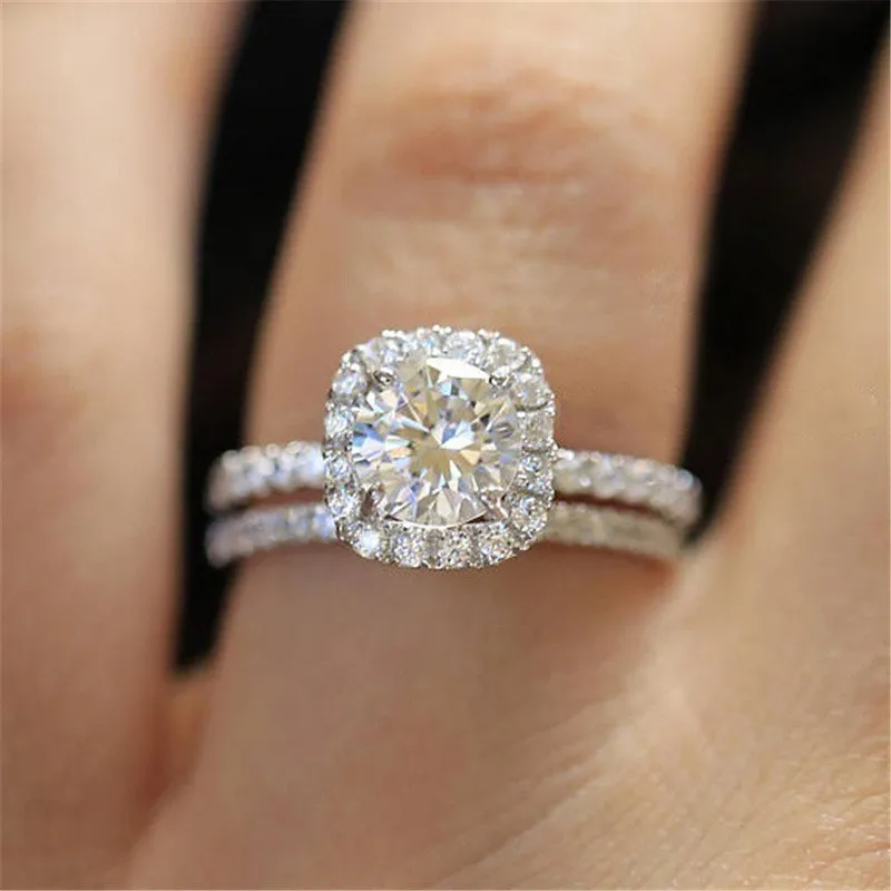 WUKALO-Anillo de boda con Circonia cúbica brillante redondo para mujer, sortija de compromiso, aniversario, 2 piezas