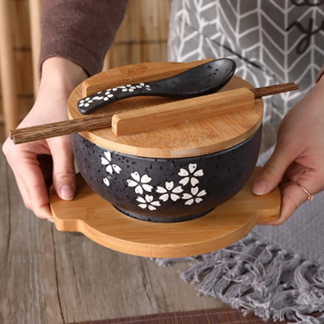 Japanese Bowl Instant Noodles Tableware Dining Room Tableware Salad Ceramic Bowl Bring Wooden Spoon Wooden Chopstick 6