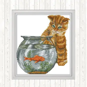 

Cat and Fish Cross Stitch Patterns 14CT 11CT Counted and Stamped DIY Needlework Home Decor Painting Stitche Embroidery DMC arts