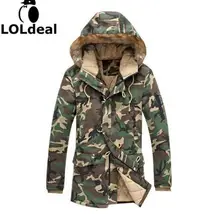 Модные камуфляжные парки Мужчины Военный средний-длинное зимнее пальто Мужская теплая хлопковая стеганая зимняя куртка для мужчин с меховым капюшоном