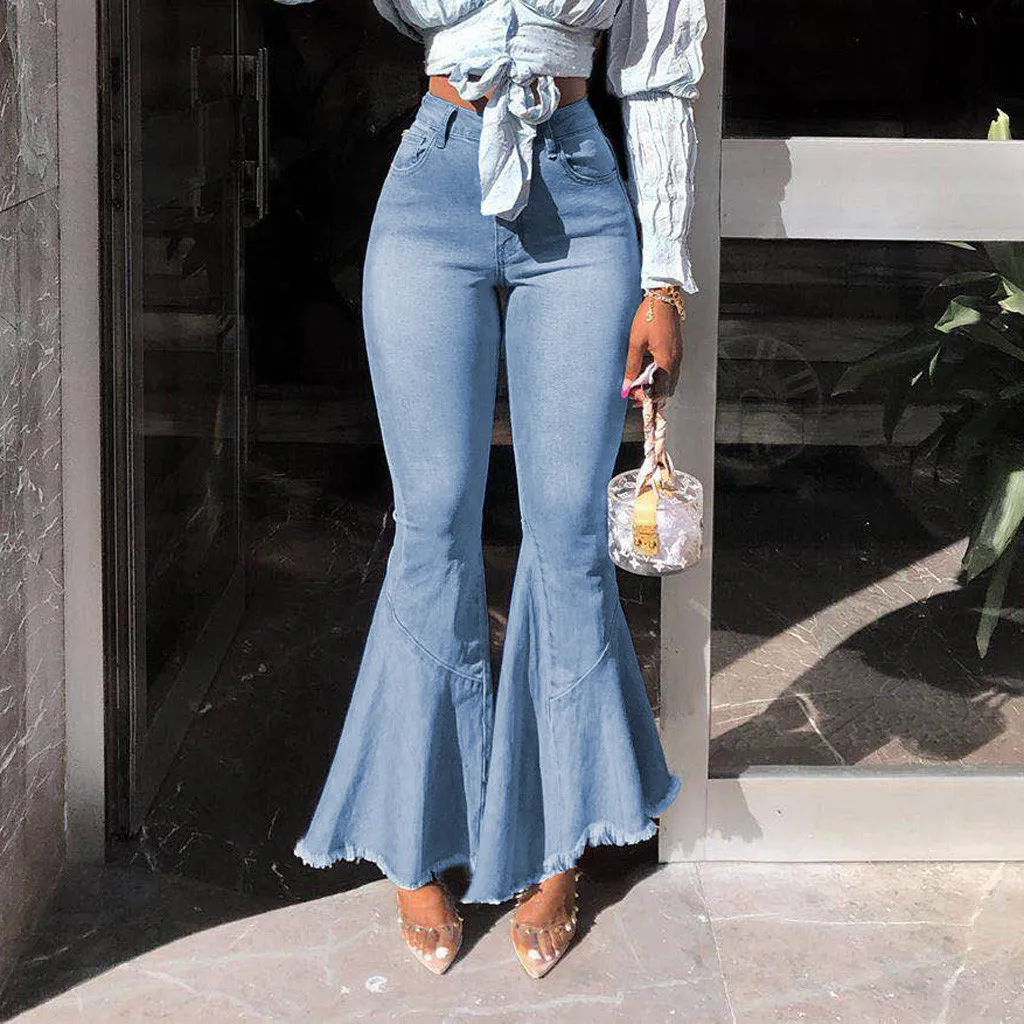 KANCOOLD брюки женские с пуговицами на молнии карманные повседневные джинсы клеш широкие брюки сексуальные модные новые джинсы женские 2019Oct7 - Цвет: Небесно-голубой