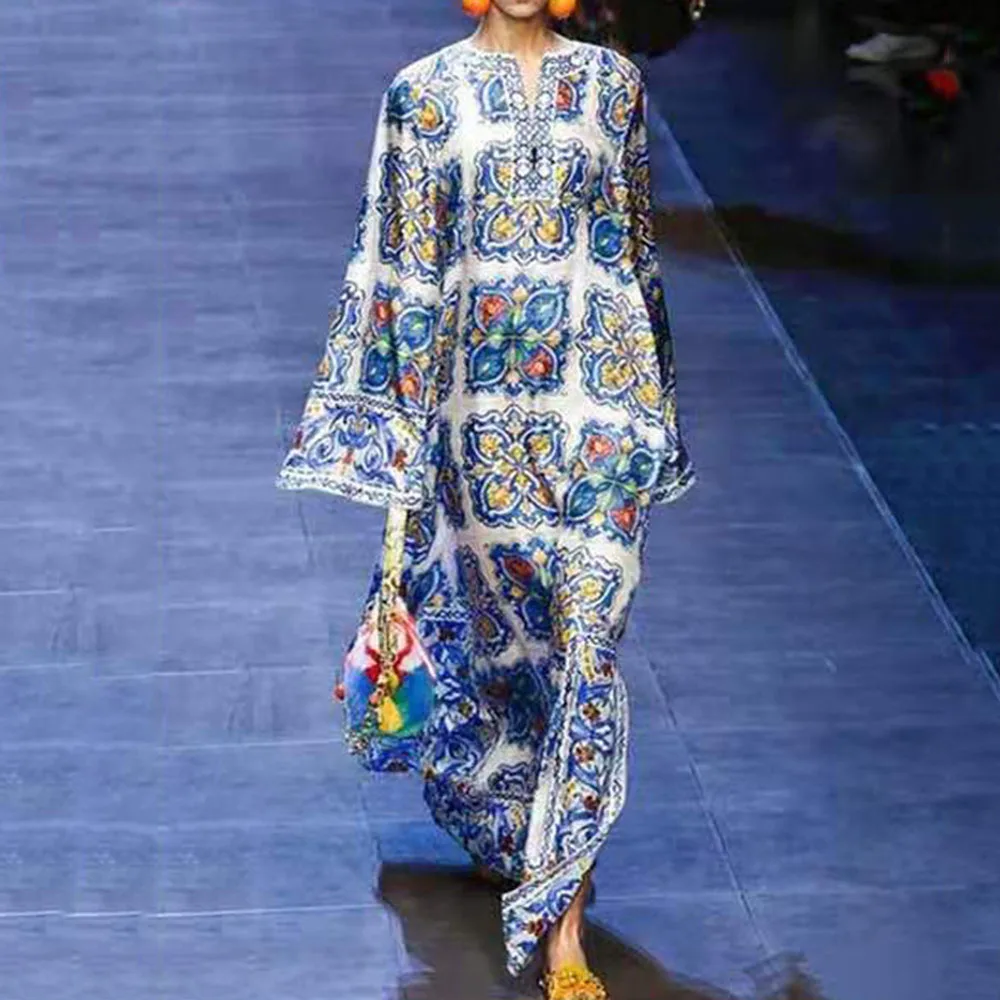 

Fashion Ethnic Print Boho Maxi Dress Women Brand Designer Blue Elegant Robe Vintage Long Dresses Autumn 2019 Long Sleeve Loose