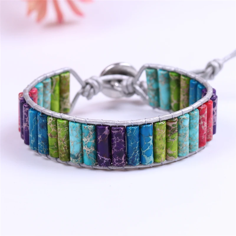 

Chakra Bracelet Leather Wrap Bracelet Handmade Multi Color Natural Stone Tube Beads Couples Bracelets Creative Gifts