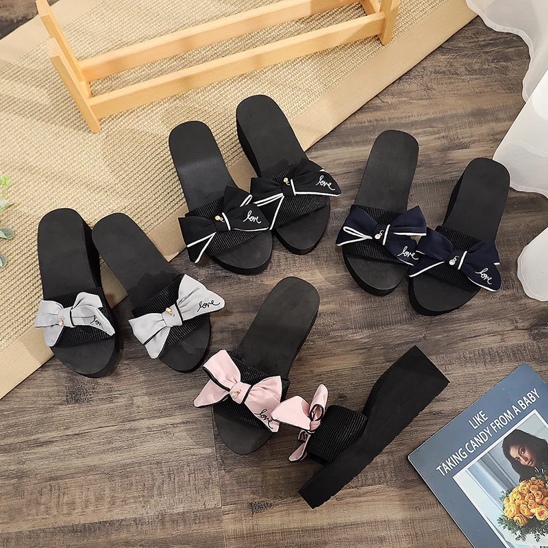 

2020 new Slippers women wear summer new fashion sandal Beach Slides Bow height Increasing Shoes Comfortable height-heel Shoes