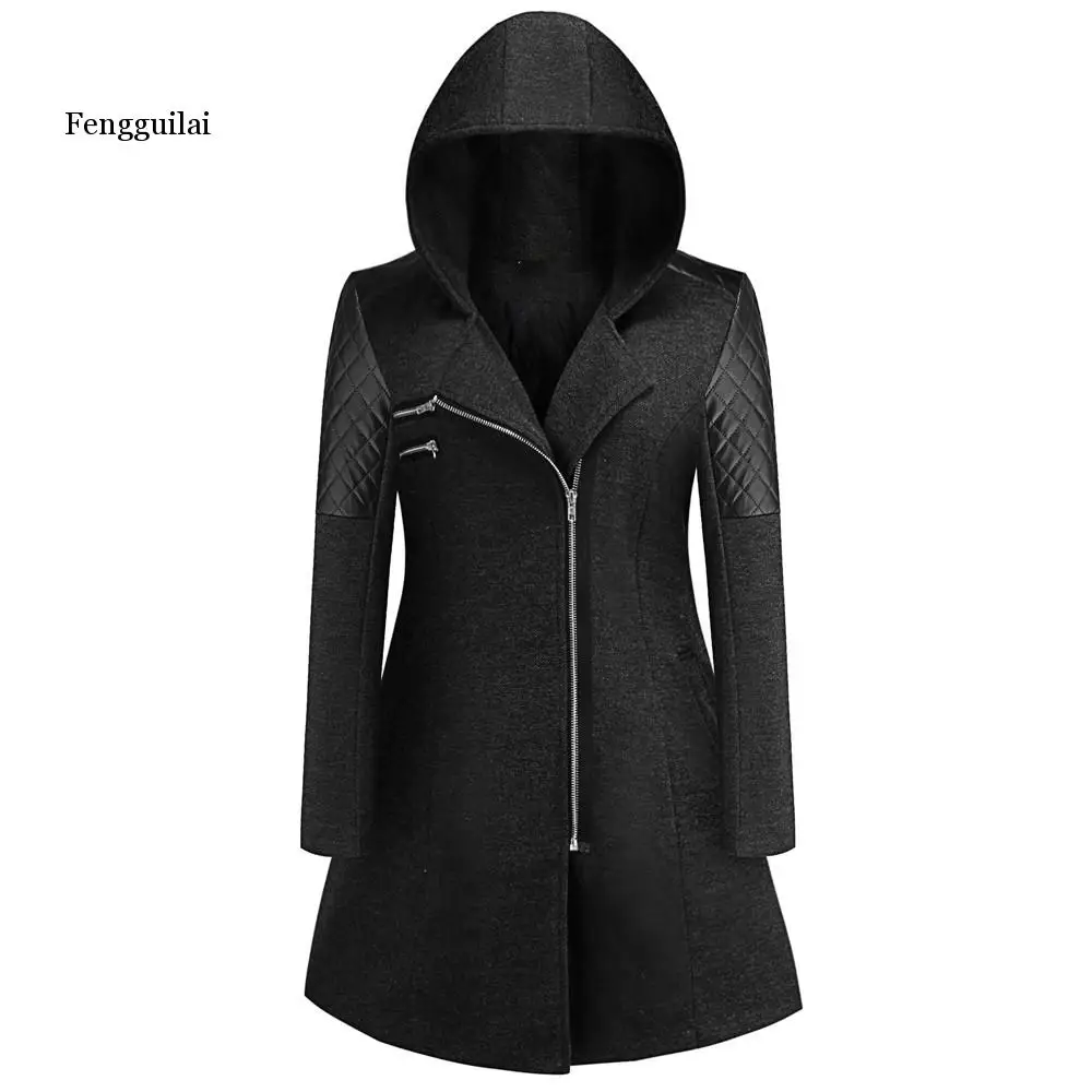 Женское зимнее пальто с капюшоном, осенняя тонкая верхняя одежда, модное лоскутное Черное женское теплое ветрозащитное свободное шерстяное пальто 5XL