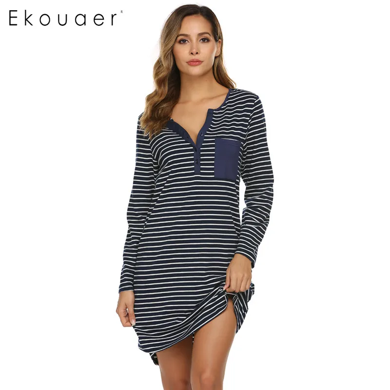 navy blue white Ekouaer Ночная сорочка Осенняя Женская полосатая одежда для сна Повседневная Ночная рубашка с v-образным вырезом карманная ночная рубашка Женская сорочка ночная рубашка - Цвет: navy blue white