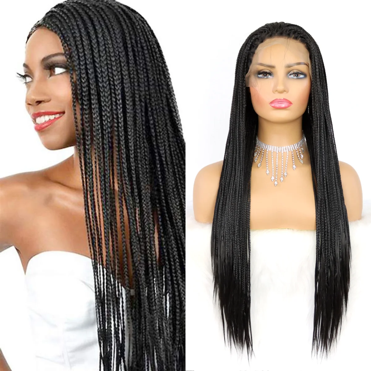  Humistwbiu Braided Wigs for African American Women Full Double  Lace Front Square Knotless Box Braid Wig with Baby Hair Japan-made  Lightweight Synthetic Black Hand Braided Wigs 36 Inch (1B) 