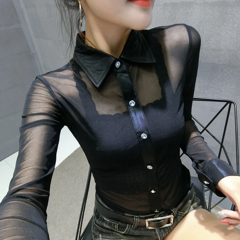 Mesh Transparent Blouse Shirt 2021 