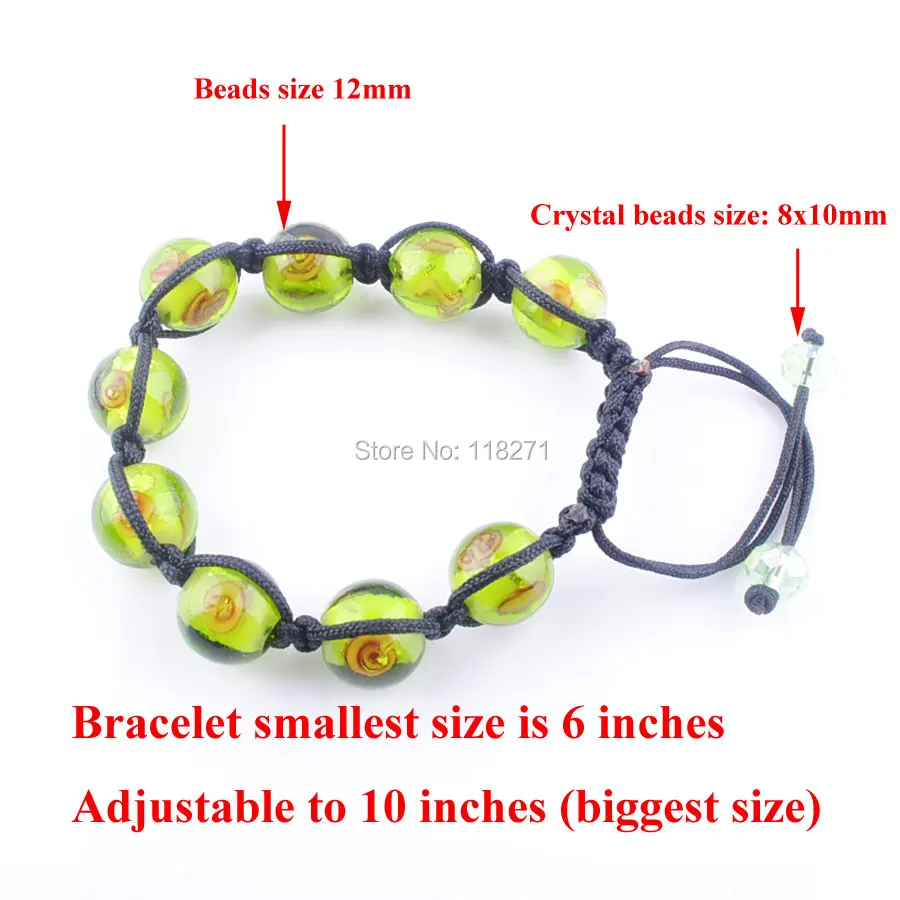 

WOJIAER 12mm Lampwork Green Glass Round Beads Crystal Healing Adjustable Braided Rope Beaded Bracelet for Women Jewelry PK756