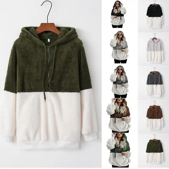 

Fluffy Hoodies Women Sweatshirt Winter Warm Long Sleeve Patchwork Pullovers Loose Casual Female Tops Plus Size Hooded Regular