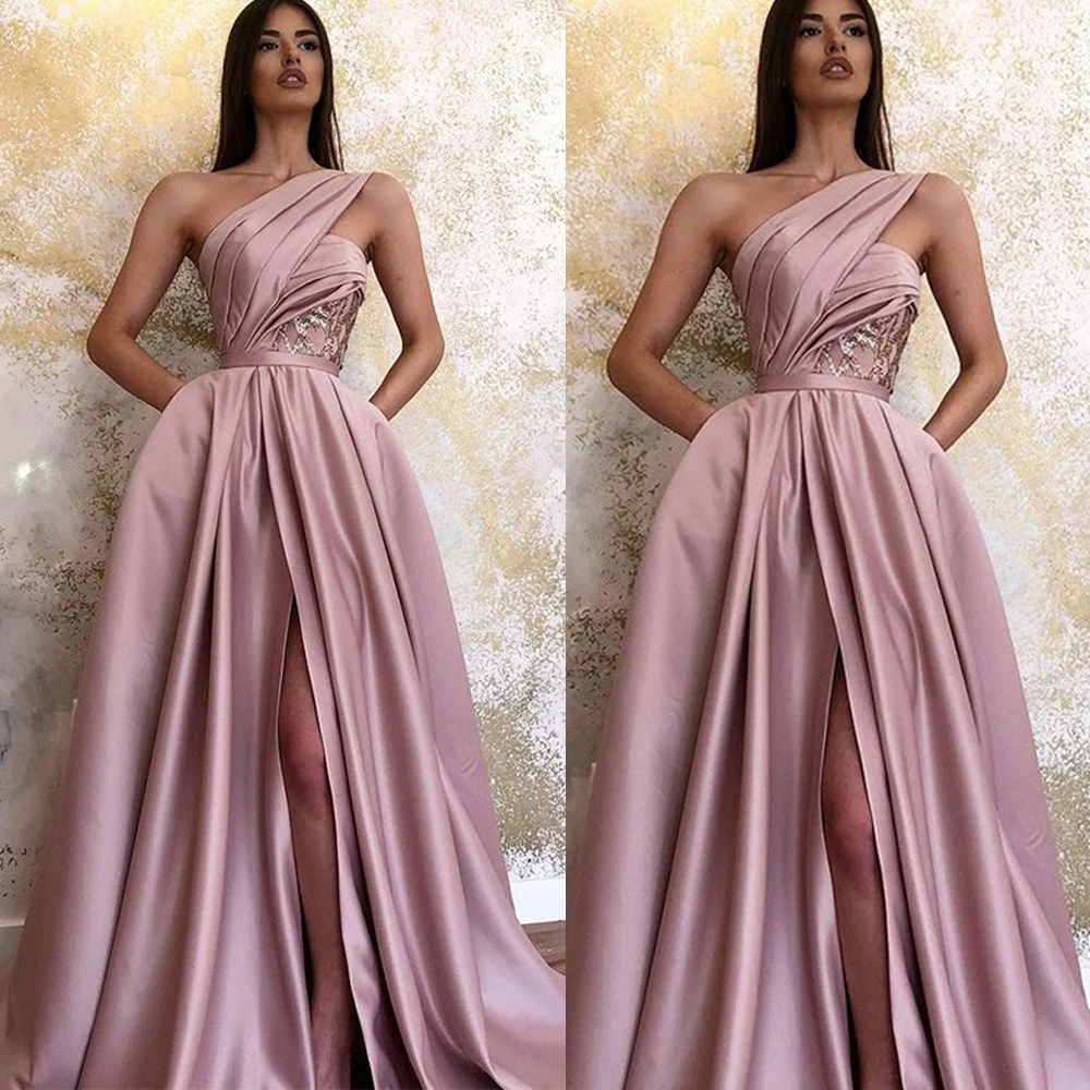 

SuperKimJo Robe De Soiree De Mariage One Shoulder Pink Prom Dresses 2022 Abendkleider Lace Satin Elegant Prom Gown