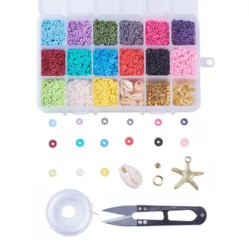 

18 Grid Boho Polymer Clay Discs Shell Beads Elastic Wire for DIY Jewelry Making