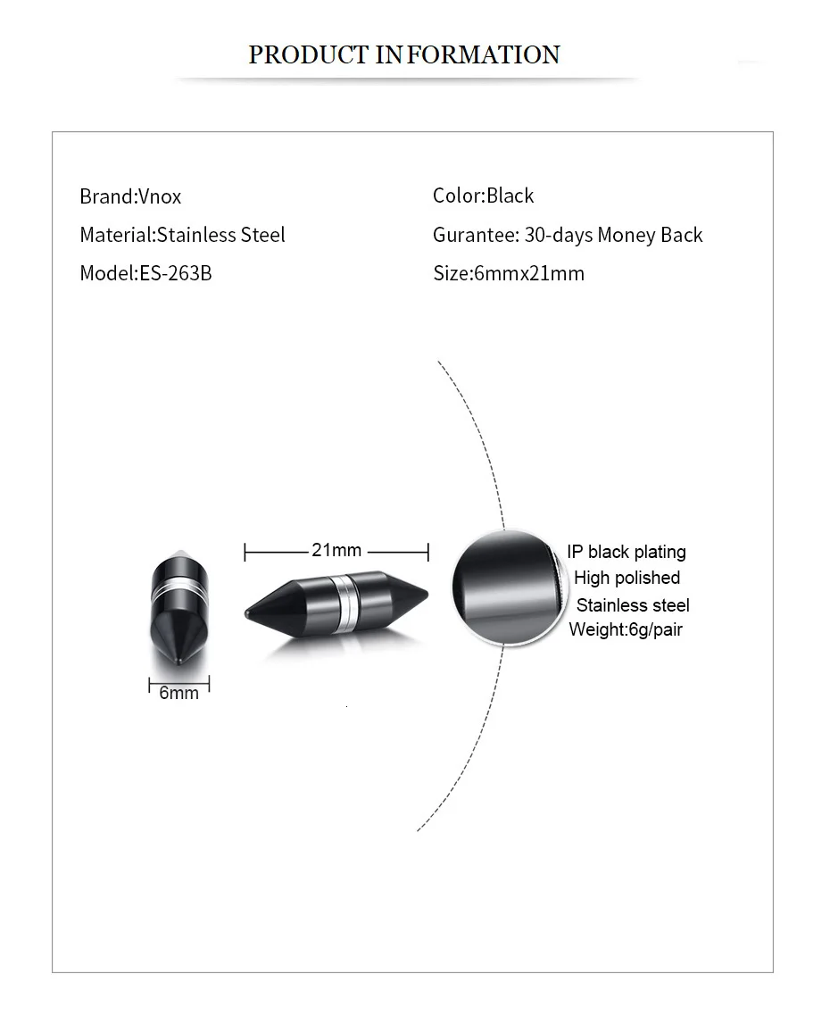 Vnox, крутые черные пулевые зажимные серьги-клипсы для мужчин, ювелирные изделия, уникальные магнитные серьги-гвоздики из нержавеющей стали, мужские серьги brinco, подарок