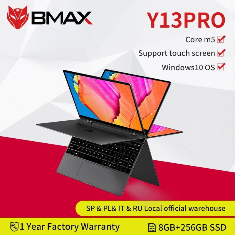 Portátil convertible 2 en 1 BMAX Y13 Pro, pantalla táctil de 13.3 FHD (1.920x1.080) IPS, Intel Core m5-6Y54, 8GB RAM, 256GB SSD, HD Graphics 515, Windows 10, ultraligero