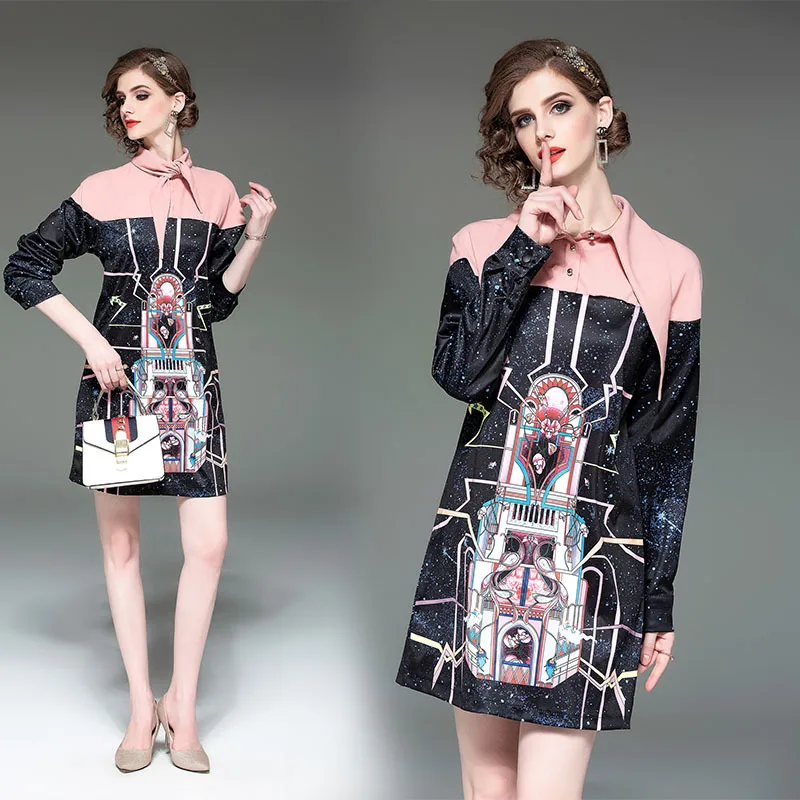 

Photo Shoot Ozhouzhan New Products Europe And America Women's Dress 2019 New Style Slim Fit Printed Mid-length Full Body Dress