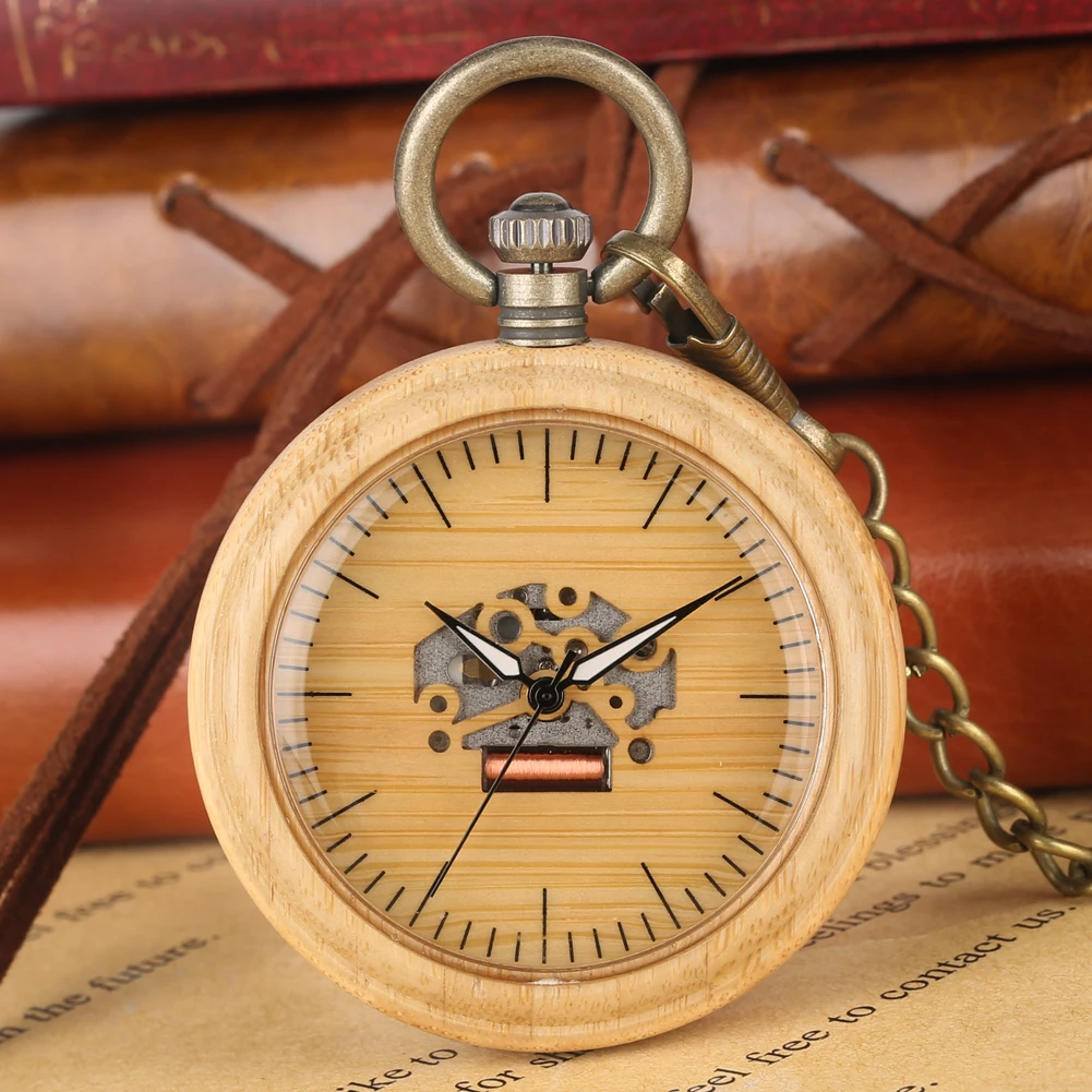 

Vintage Wooden Quartz Pocket Watches Unisex Pendant Chain Lightweight Wooden Watch Case Chain