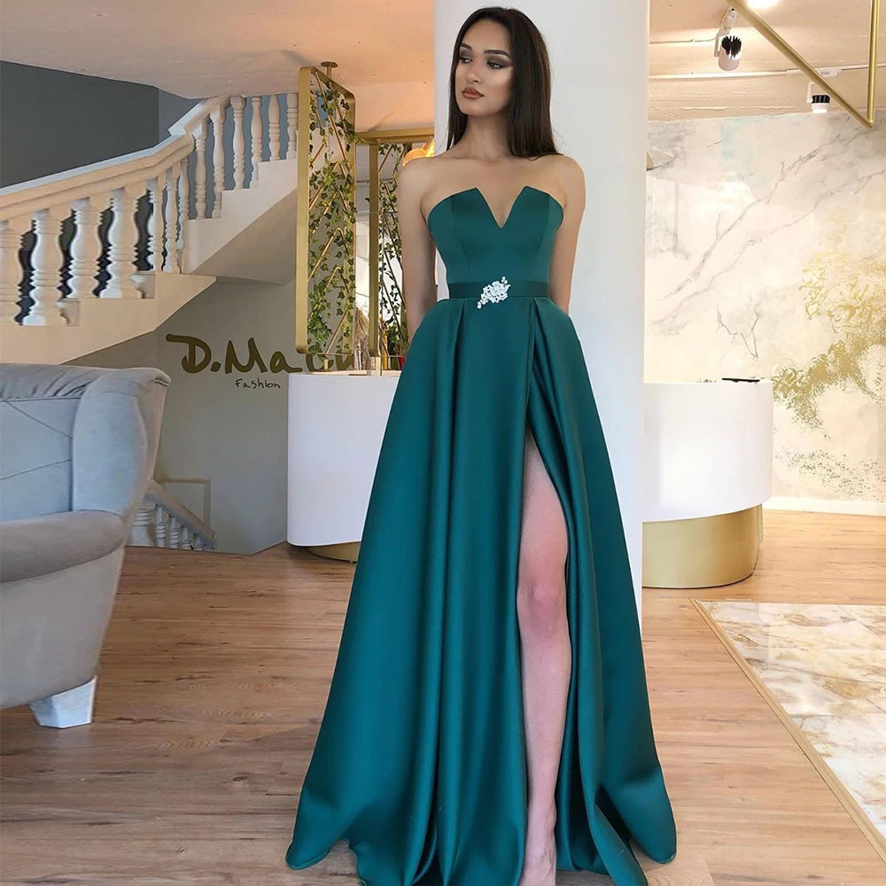

Bbonlinedress Green Prom Dress Satin A-Line Starpless Elegant Evening Dresses 2020 Pleat Long Formal Gowns Plus Size vestidos