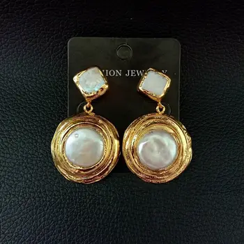 

White Coin Keshi Pearl Golden Plated Post Earrings