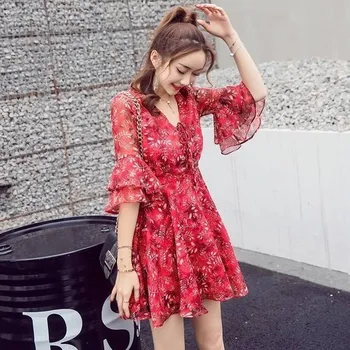 

2020 Floral Chiffon Dress Summer Loose Slim Horn Sleeve Beach Short Skirt