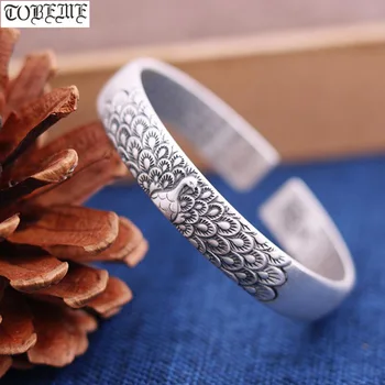 

100% 999 Silver Cuff Bracelet Pure Silver Peacock Bangle Buddhist Heart Sutra Bangle