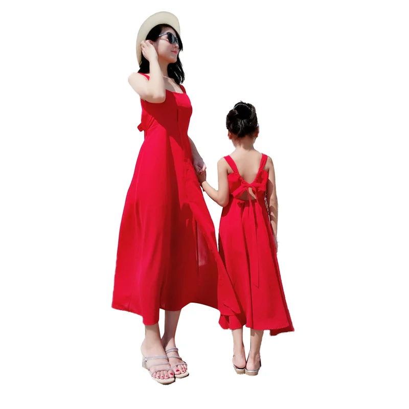 

New Mother Daughter Matching Clothes Bohemian Solid Women Baby Girl Clothes Red Dress Sleeveless Camisole Mommy and Me Dresses