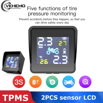 

Vehemo Tire Pressure Monitoring System Motorbike TPMS Wireless Alarm Solar Energy USB Interface 2PCS Sensor Explosion Proof
