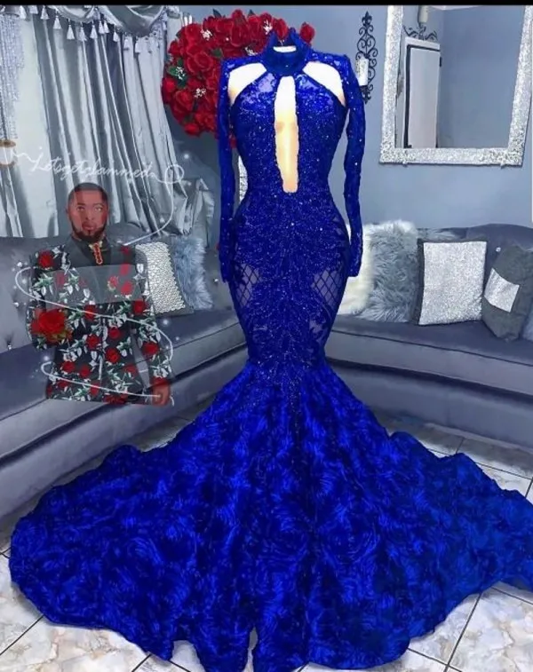 

Sexy Royal Blue Mermaid Prom Dresses With Long Sleeves Sweep Train Plus Size Formal Evening Dress 2020 Special Occasion Gowns