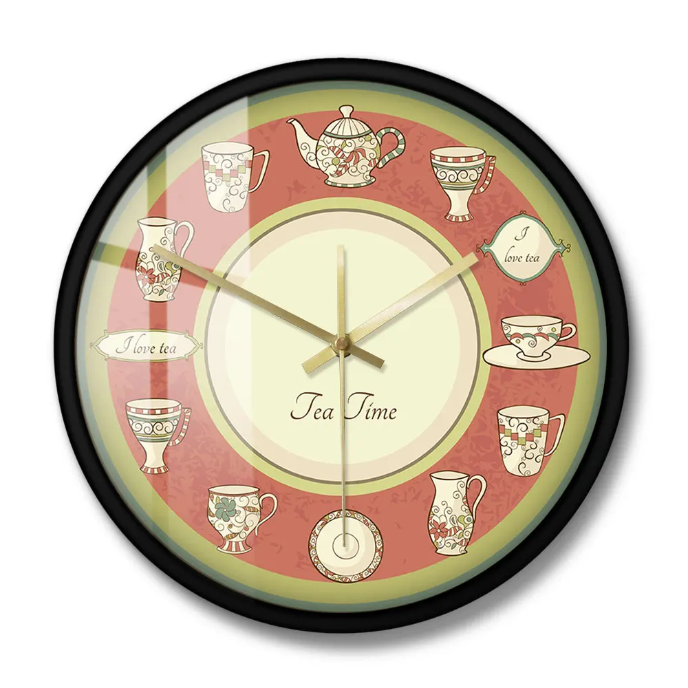 Tea Time Retro Dishware Wall Clock Metal Frame  