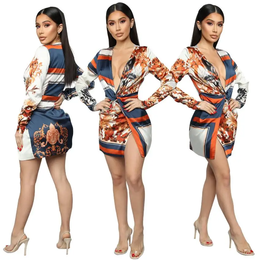 

2020 Spring Autumn New Women Stripes Elegant Print Deep V-neck Side Split Midi Dress Sexy Club Night Above Knee Dresses Vestidos