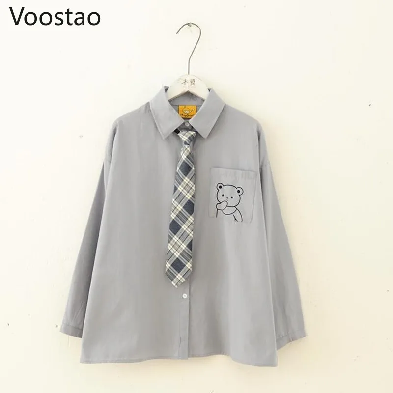 Preppy Style Couple Blouses Women Men Harajuku Bear Embroidery JK Shirts Necktie Loose Lolita Blouse Tops Blusas Mujer De Moda 5