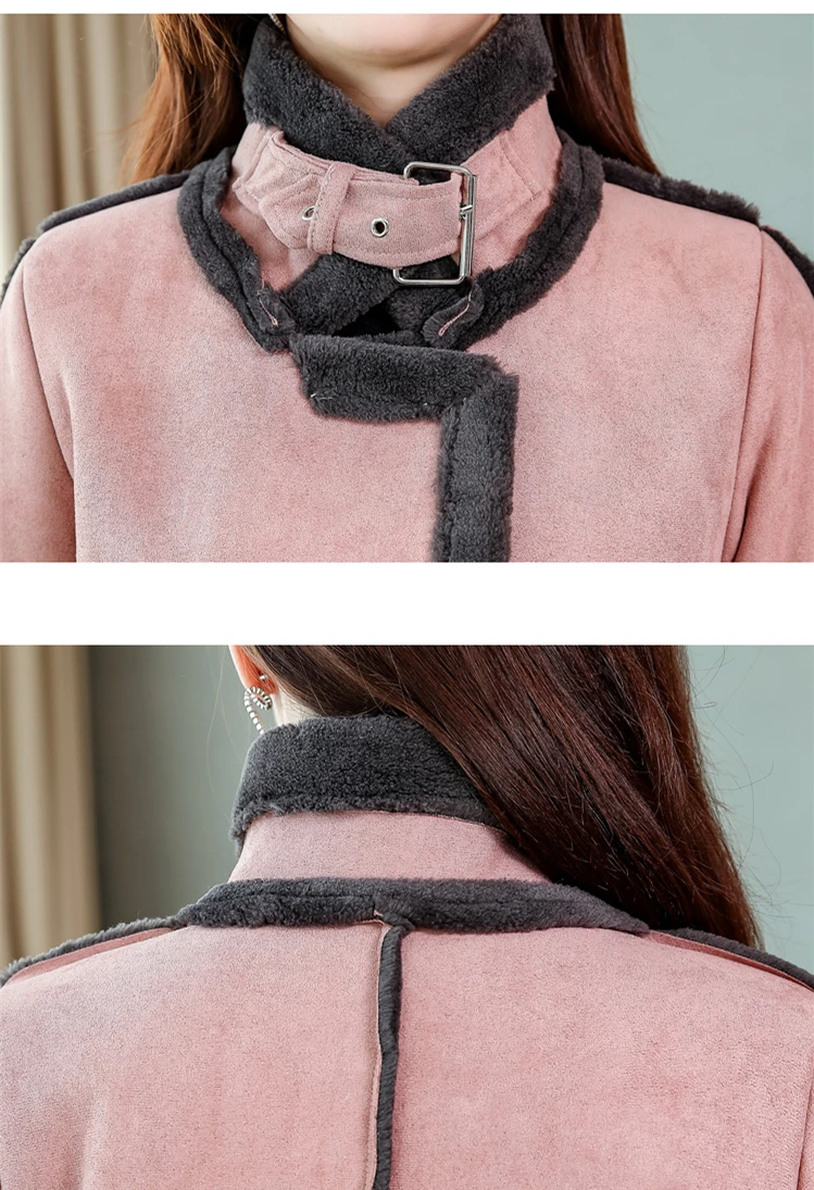 High Quality Deerskin Winter Jacket Womens Coats Pink Brown Long
