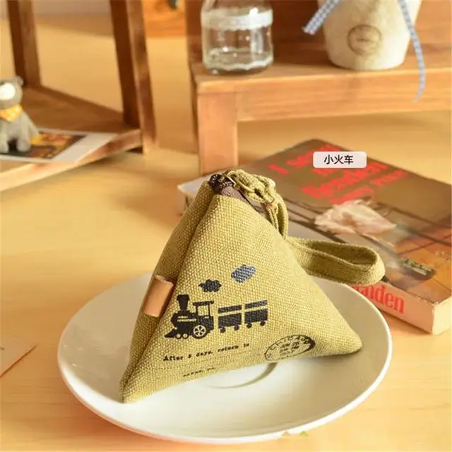 Zongzi Shaped Pocket Wallet Triangle Shape Canvas Coin Purse Cute Wallet Creative Retro Holding Bag Fashion Style Popular 1Pcs Train