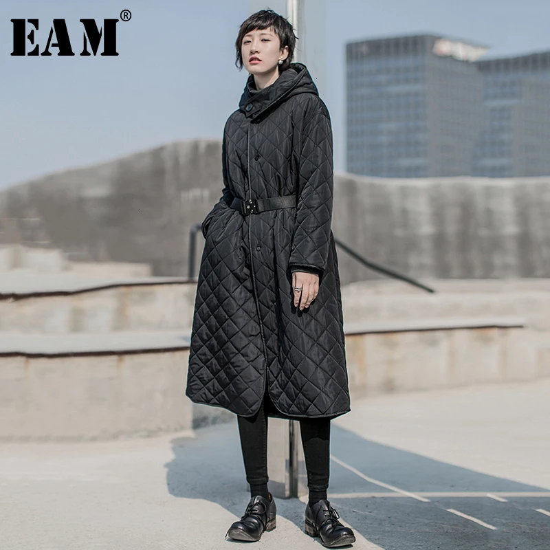 

[EAM] Hooded Black Big Size Warm Cotton-padded Coat Long Sleeve Loose Fit Women Parkas Fashion New Autumn Winter 2020 19A-a822