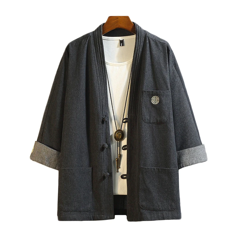 Mens Denim Shirts Summer Men Casual Cardigan Male Chinese Style Shirt Three Quarter Streetwear Open Stitch Shirts Men Dress
