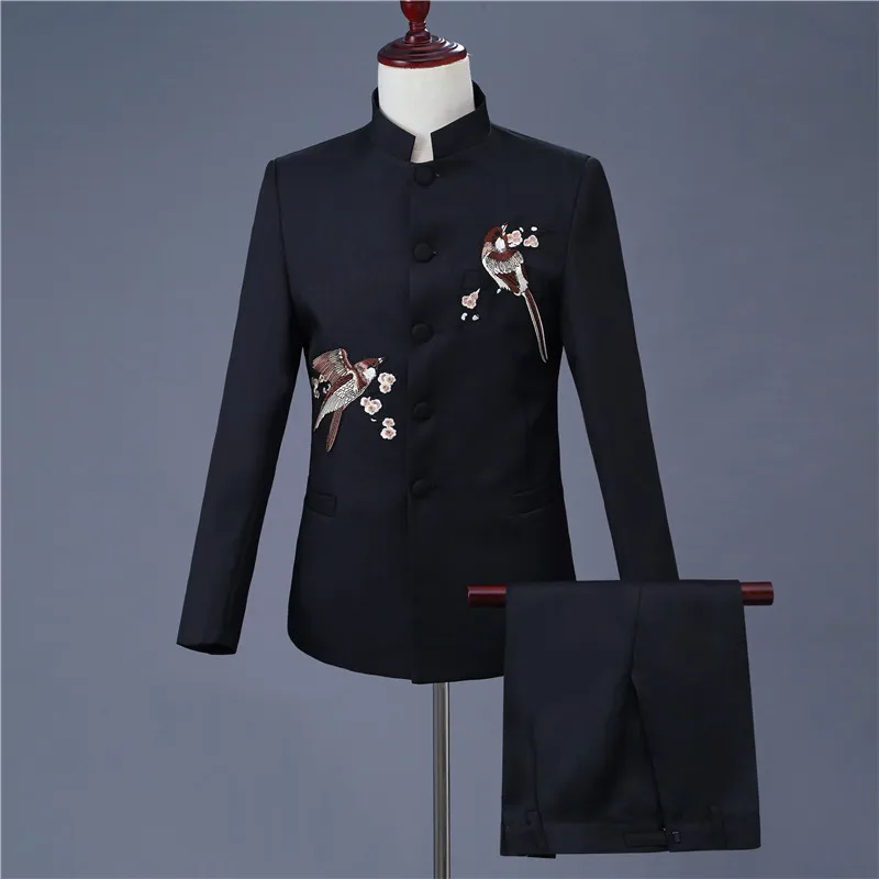 Bird and fish print men's chinese style suit set(jacket+pant) slim stand-up collar black classic business Chinese tunic suit - Цвет: bird as picture