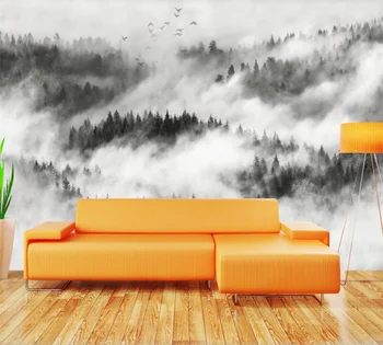 

Customized 3D wallpaper mural new Chinese style black and white landscape mist forest flying birds background TV