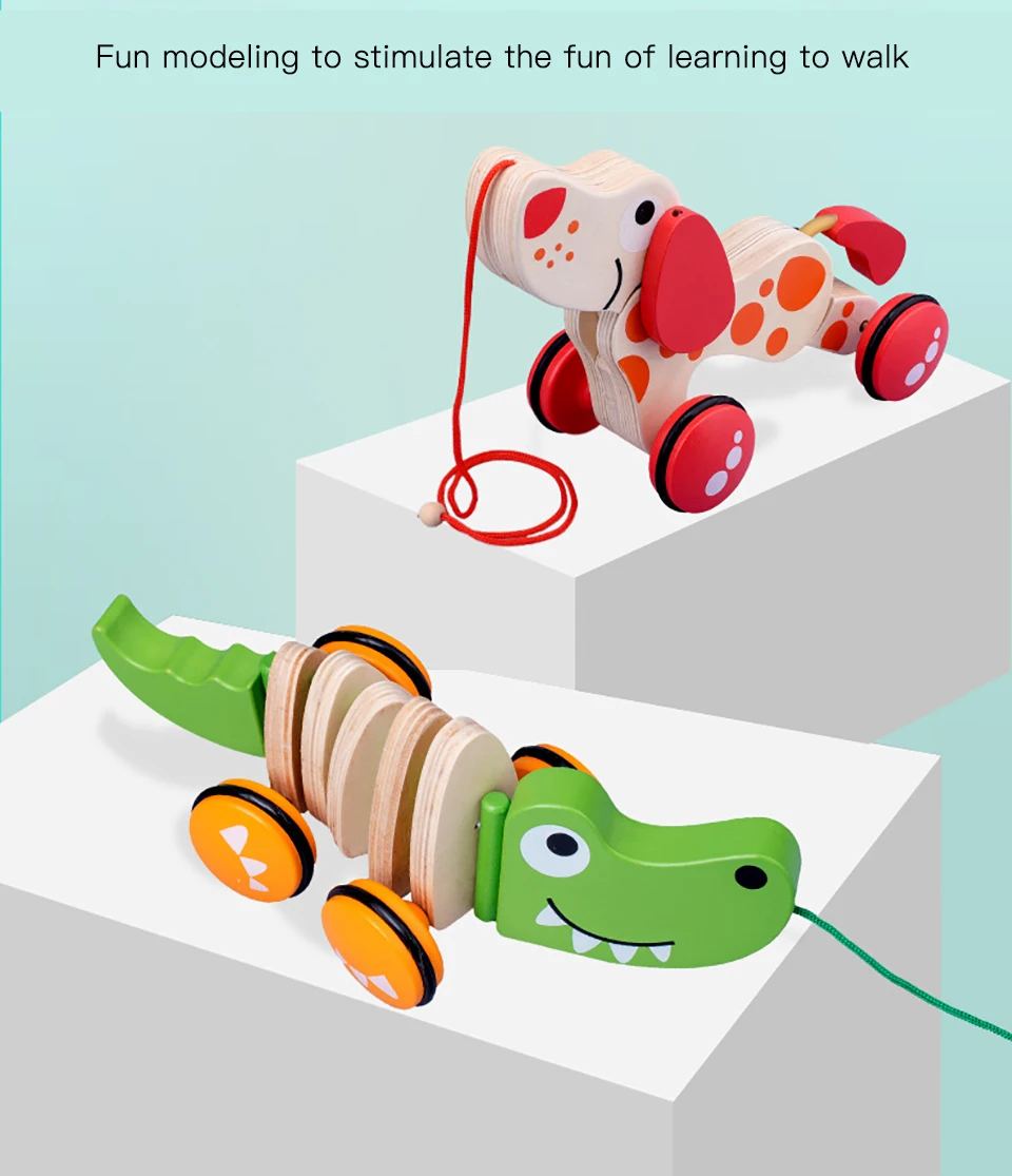 Милая мультяшная детская игрушка для малышей, игрушка для детей, мультяшное изображение, Крокодиловая собака, деревянная игрушка для прогулок, автомобиль