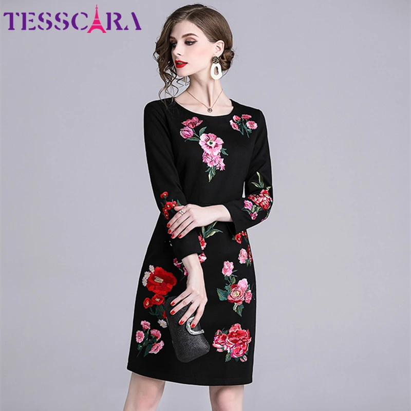 

TESSCARA Women Luxury Embroidery Pencil Dress Festa Female High Quality Floral Designer Vestidos Elegant Office Party Robe Femme