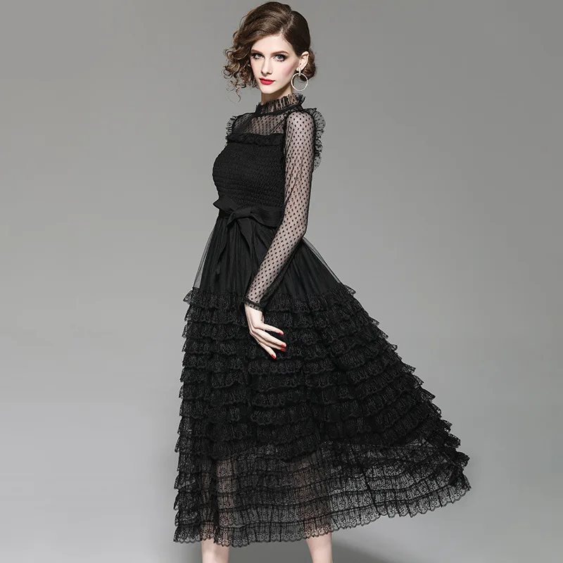 

Spring Summer Long Sleeve Dress Women Black Dress Cake Dresses Mesh Lace Dresses Elegant Maxi Vestidos De Fiesta LWL1664