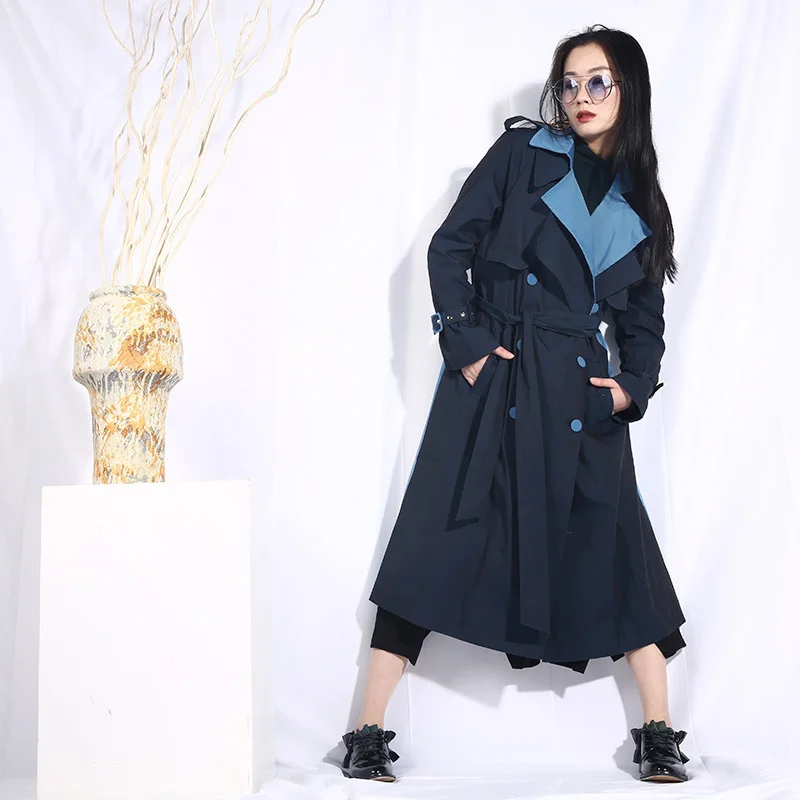 

Fashion Tide Spring New Contrast Color Bouble Breasted Windbreaker With Belt For Women Long Coat Trench Fashion Clothing JO553