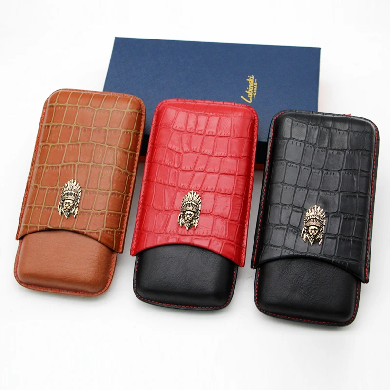 

LUBINSKI Leather Cigar Case Travel Cigar Case Mini Humidor Holder 3 Tube in Fancy Gift Box