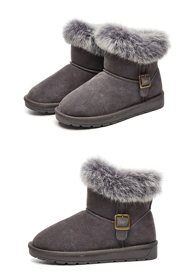 Ankle Genuine Leather Snow Boots Cow Suede Warm Fur Boots Women's Bucket Shoes Cowhide Flat Cotton Shoes