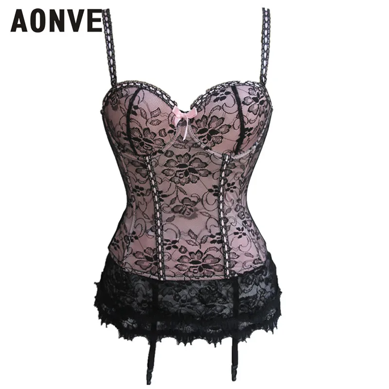 

Aonve Sexy Corset Lingerie Women Lace Bustiers Goth Korset Pink Red White Corsets Mesh Elastic Overbust Korset Plus Size S-3XL