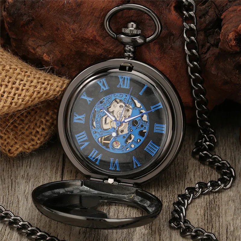 Antique Hollow Peacock Case Blue Roman Number Skeleton Handwinding Mechanical Pocket Watch Chain Gift for Men Women reloj