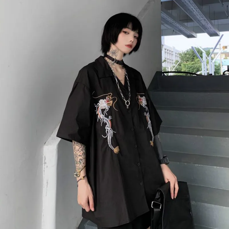black blouse Neploe Харадзюку панк готика черная блузка Топы женские корейские вышитые рубашки с драконом винтажные Свободные повседневные уличные 39311 - Цвет: black blouse