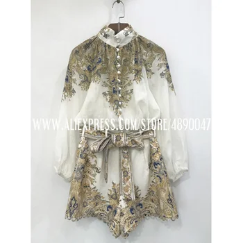 

Bohemian printed tops spring autumn shirts linen printed long-sleeved beach Paisley lace ramie shirt shorts Two-piece set