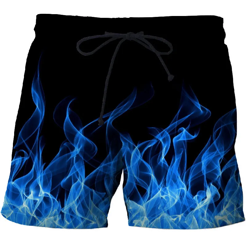 

2019 new summer 3D blue flame print shorts for surfing, men's beer beach shorts, quick-drying holiday travel shorts