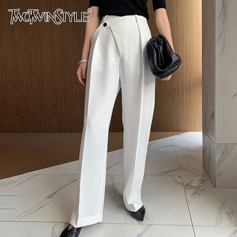 

TWOTWINSTYLE Casual Women Pants High Waist Ruched Loose Irregular Long Stragiht Trousers Female Spring Fashion 2021 Clothing New